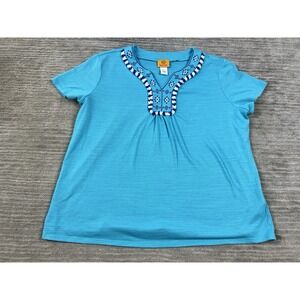 Ruby Rd Top Womens Large Blue Short Sleeve Embroidered Polyester Blend